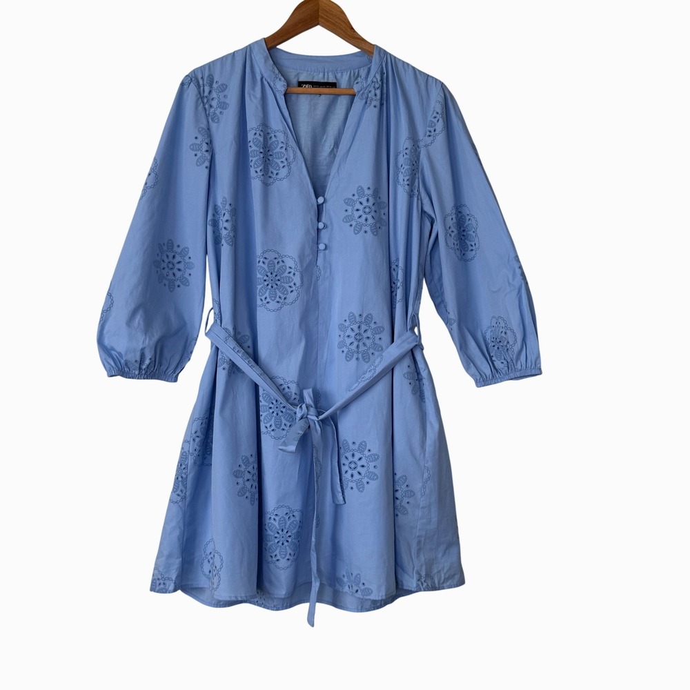 Zara Blue Poplin Dress Rubberised Embroidery Eyelet Mini Size XXL Coastal Beachy